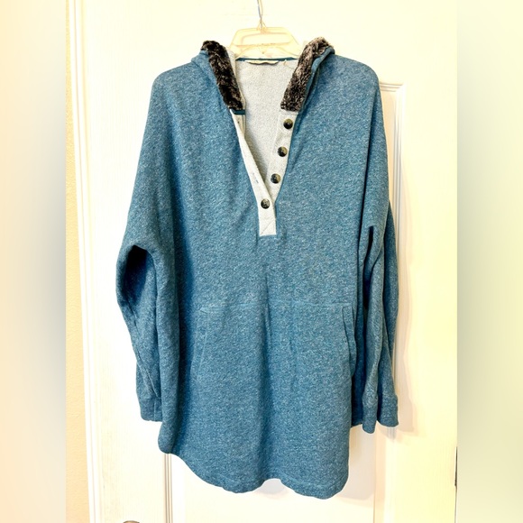 Soft Surroundings Tops - 3XL Soft Surroundings Blue Cabin Cuddle Trim Hoodie pullover tunic pockets 2XL